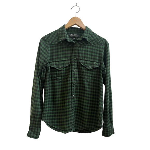 Filson Women’s Flaw Modal Wool Blend Green Black Plaid Button Down Shirt Small - Picture 2 of 14